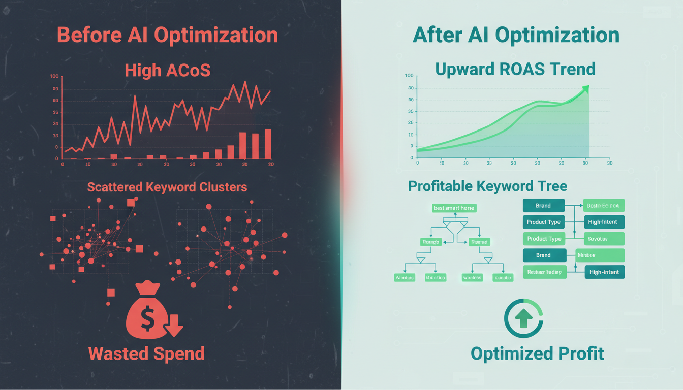 Before and after comparison of Amazon PPC campaign performance with AI-powered optimization lowering ACoS and improving ROAS