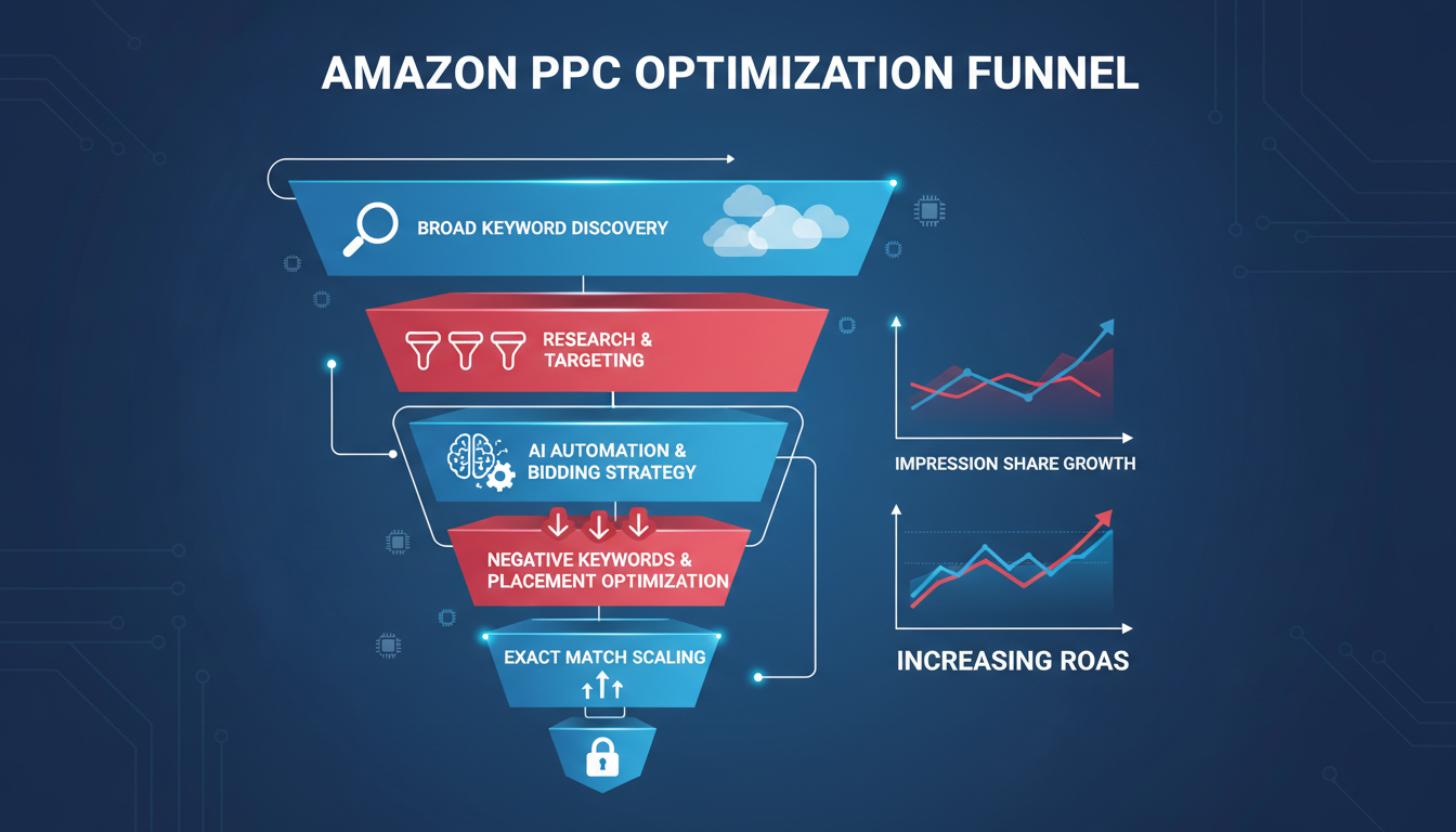 Amazon PPC optimization funnel from keyword discovery to AI-powered bid automation and ROAS growth