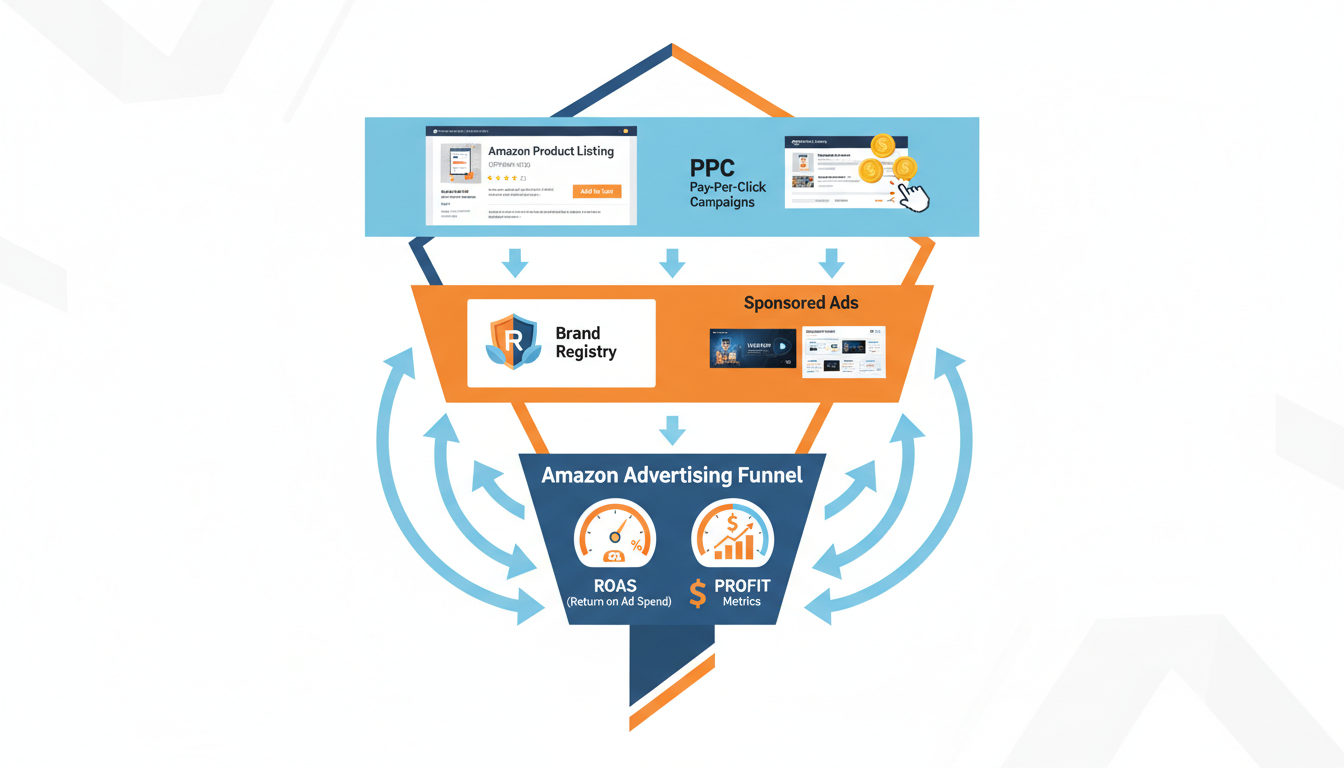 Amazon advertising funnel showing PPC pay-per-click campaigns to ROAS and performance marketing results