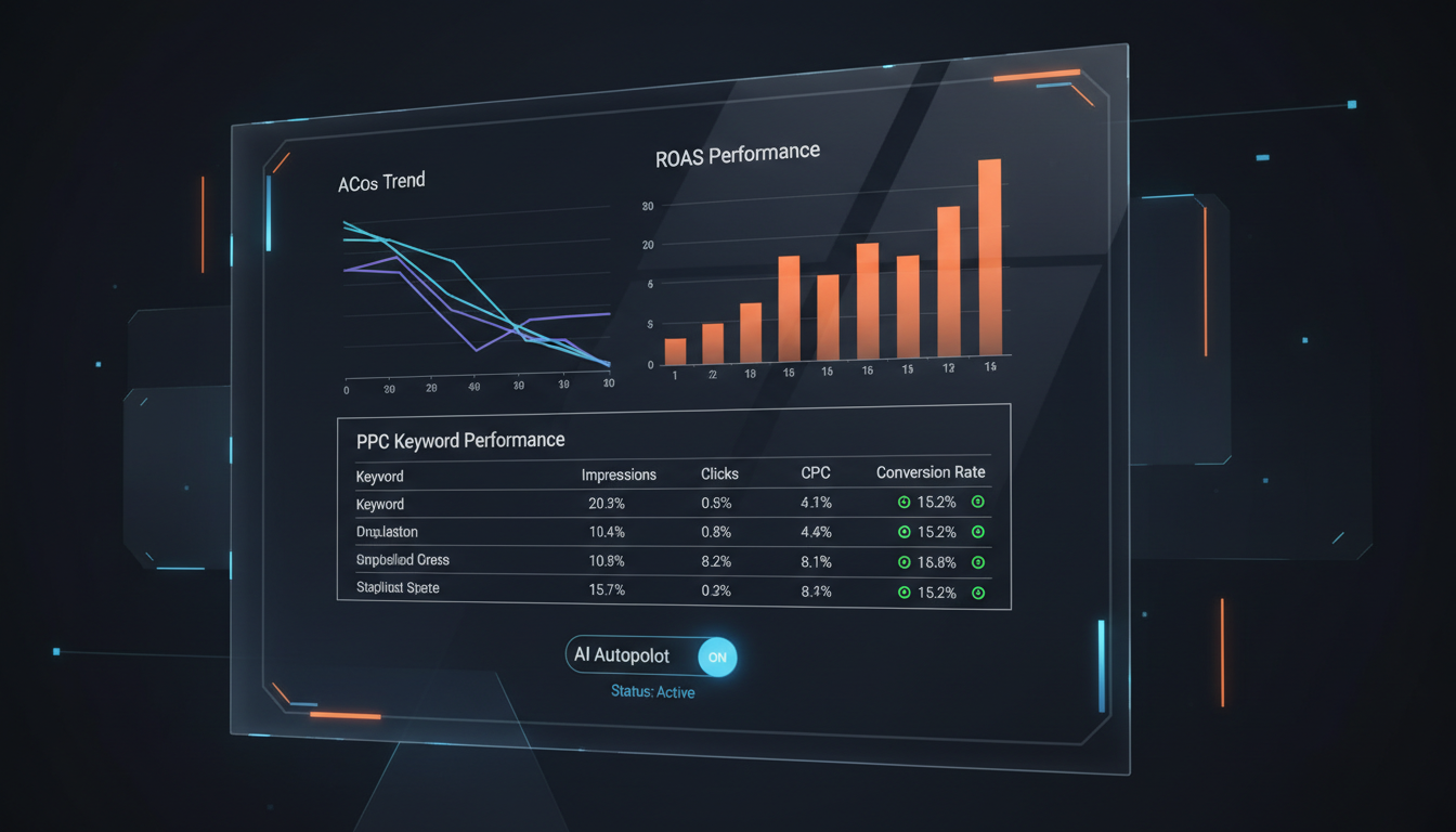 Amazon performance marketing dashboard showing ACoS reduction and ROAS improvement with AI-powered PPC management