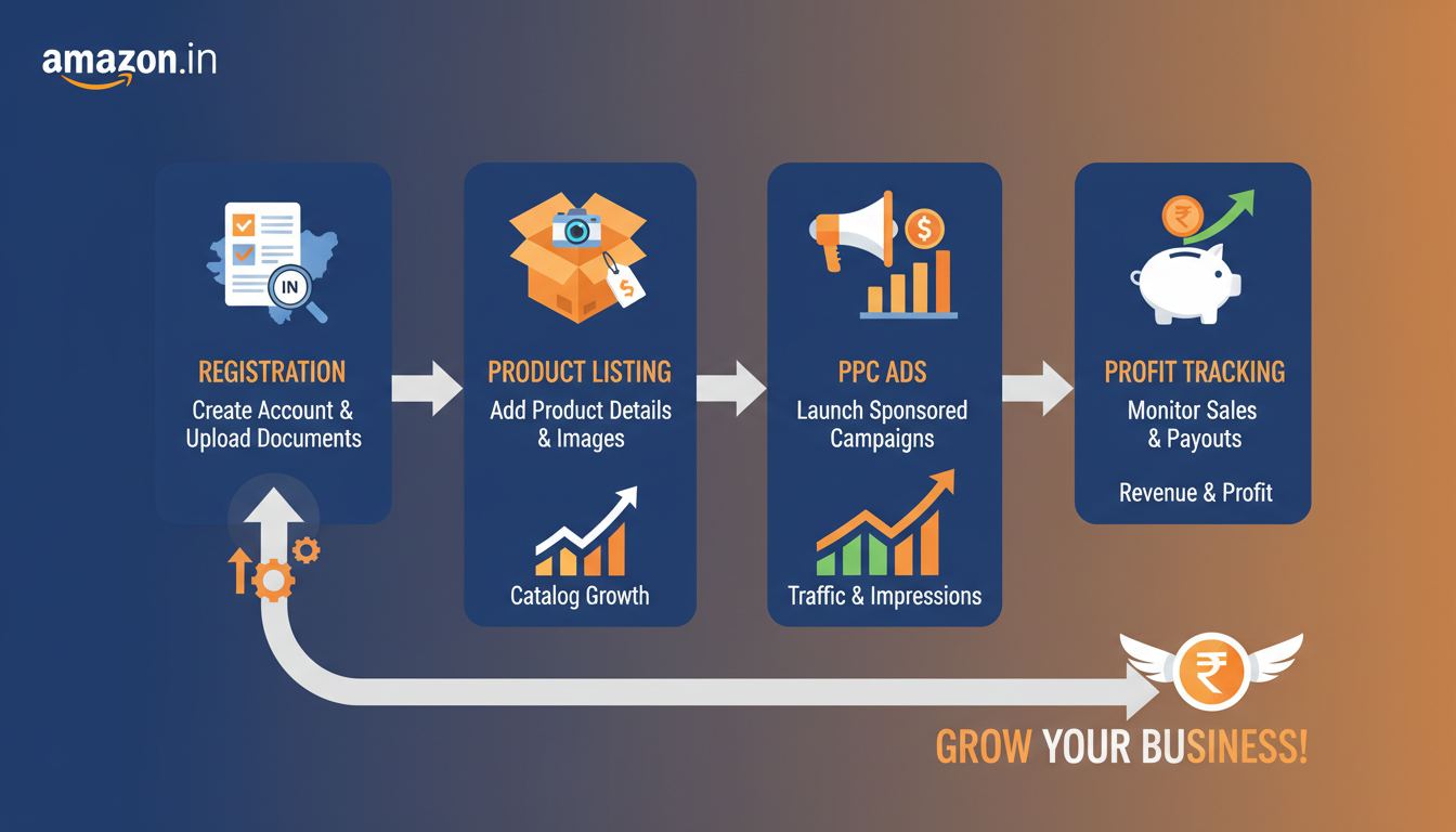 Step-by-step Amazon India seller journey from registration to optimized advertising and profit tracking