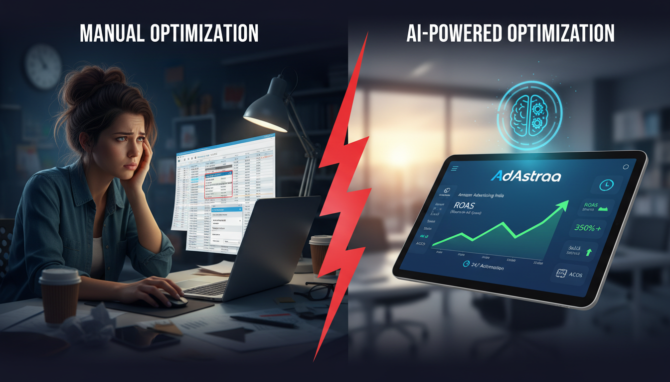 Comparison of manual versus AI-automated Amazon advertising India bid management showing improved ROAS