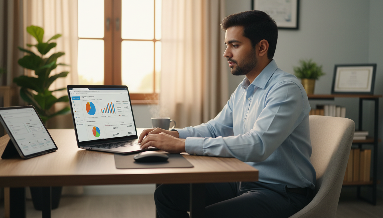 Amazon seller in India using the Amazon FBA calculator to estimate revenue and profit margins on a laptop