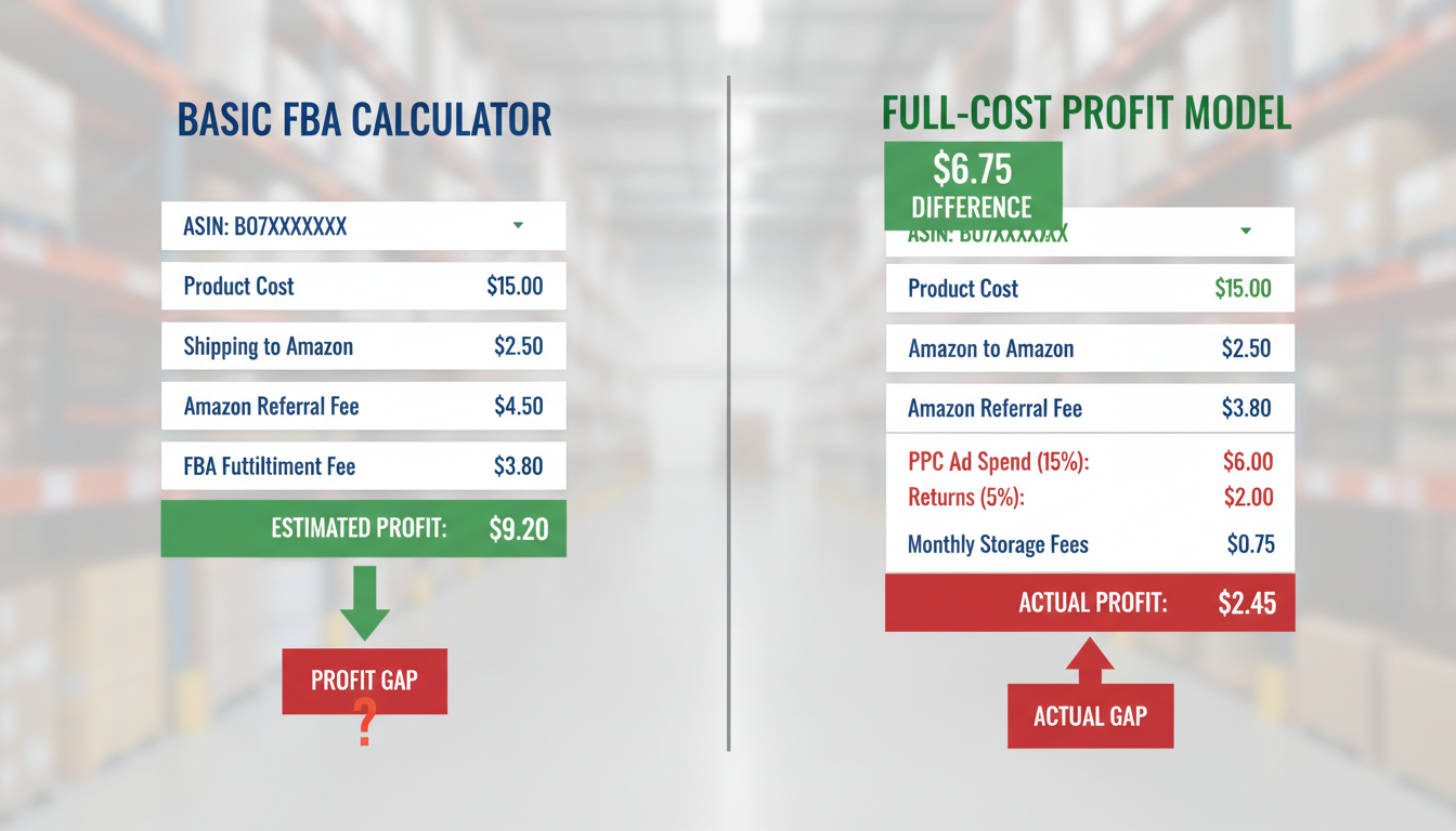Comparison of basic Amazon FBA calculator vs full-cost revenue model showing true profit per ASIN for Amazon sellers