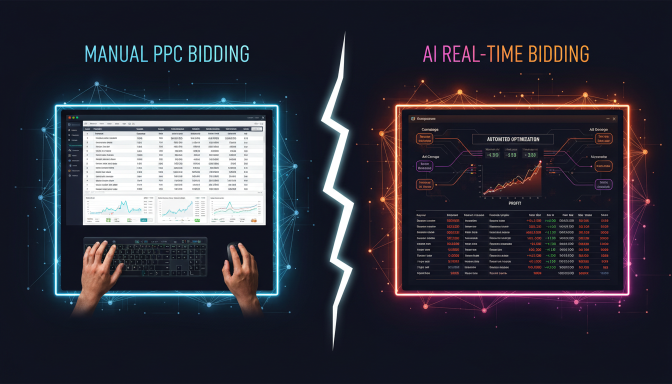 Comparison of manual Amazon PPC bid management versus AI-powered automated bid optimization platform