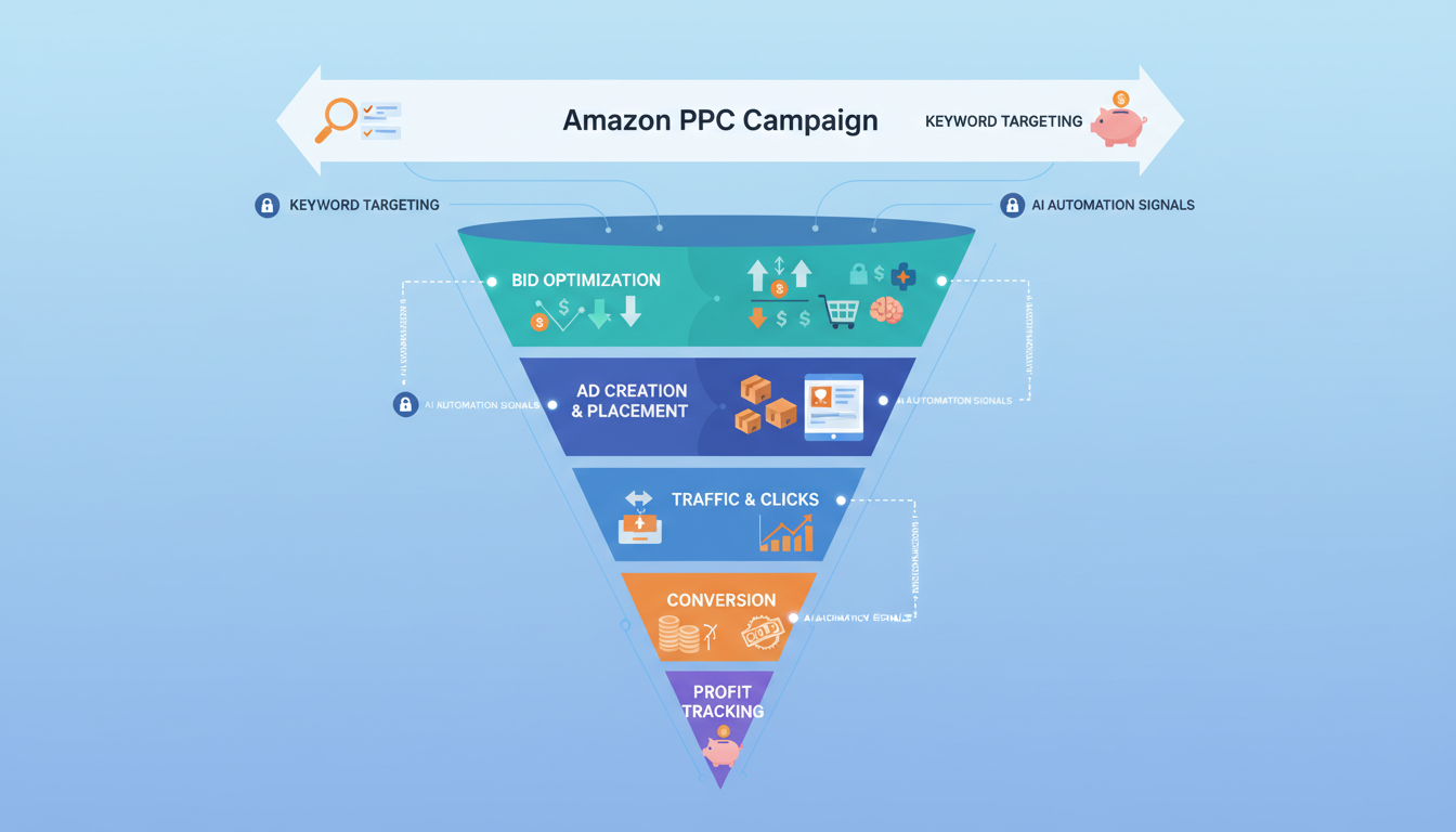Amazon PPC campaign optimization funnel showing AI automation from keyword research to profit tracking