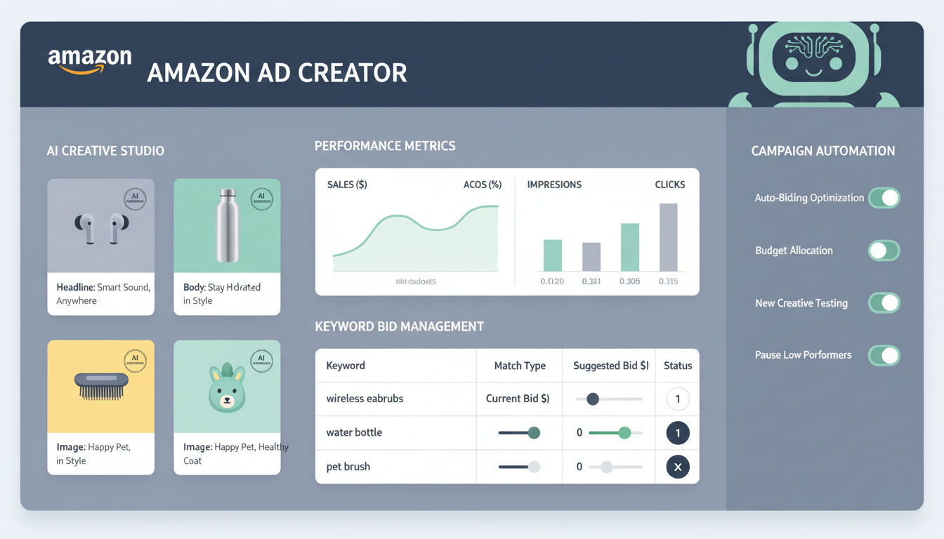 AI ad creator interface for Amazon advertising campaign management showing automated creatives and bid controls