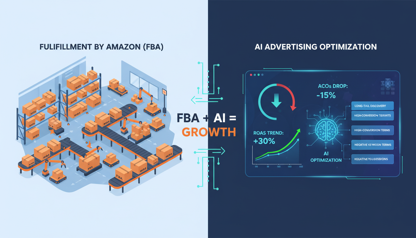 Amazon FBA warehouse operations combined with AI advertising dashboard showing ACoS reduction and ROAS improvement for Amazon sellers