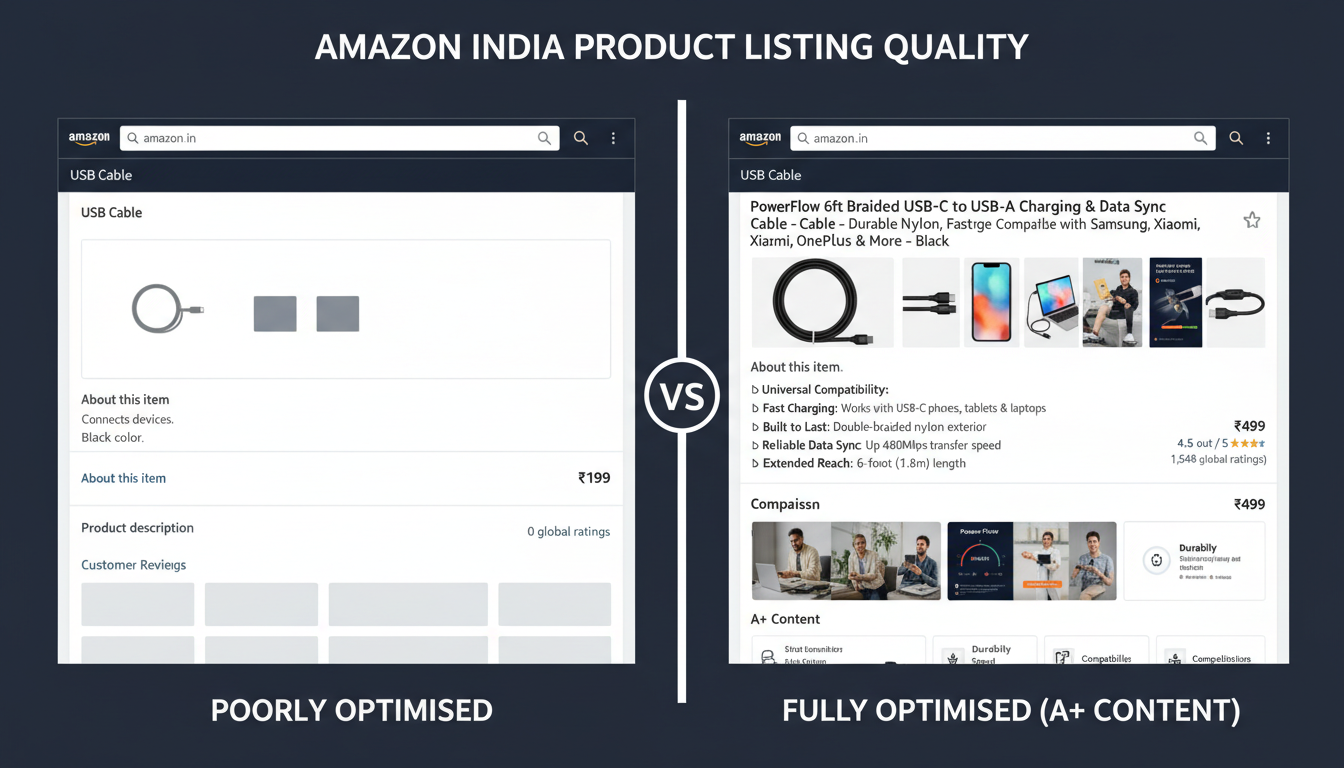 Comparison of a poorly optimised vs fully optimised Amazon India product listing page showing impact on conversion