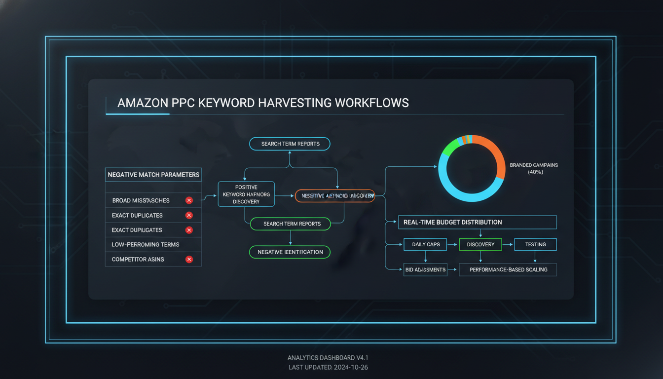 Workflow diagram of structured Amazon PPC campaign optimization, showing keyword migration and negative keyword pruning rules.