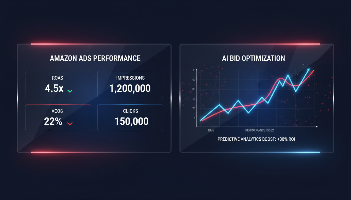 Amazon display advertising performance dashboard showing ROAS improvement with AI-powered ad optimization for Amazon sellers