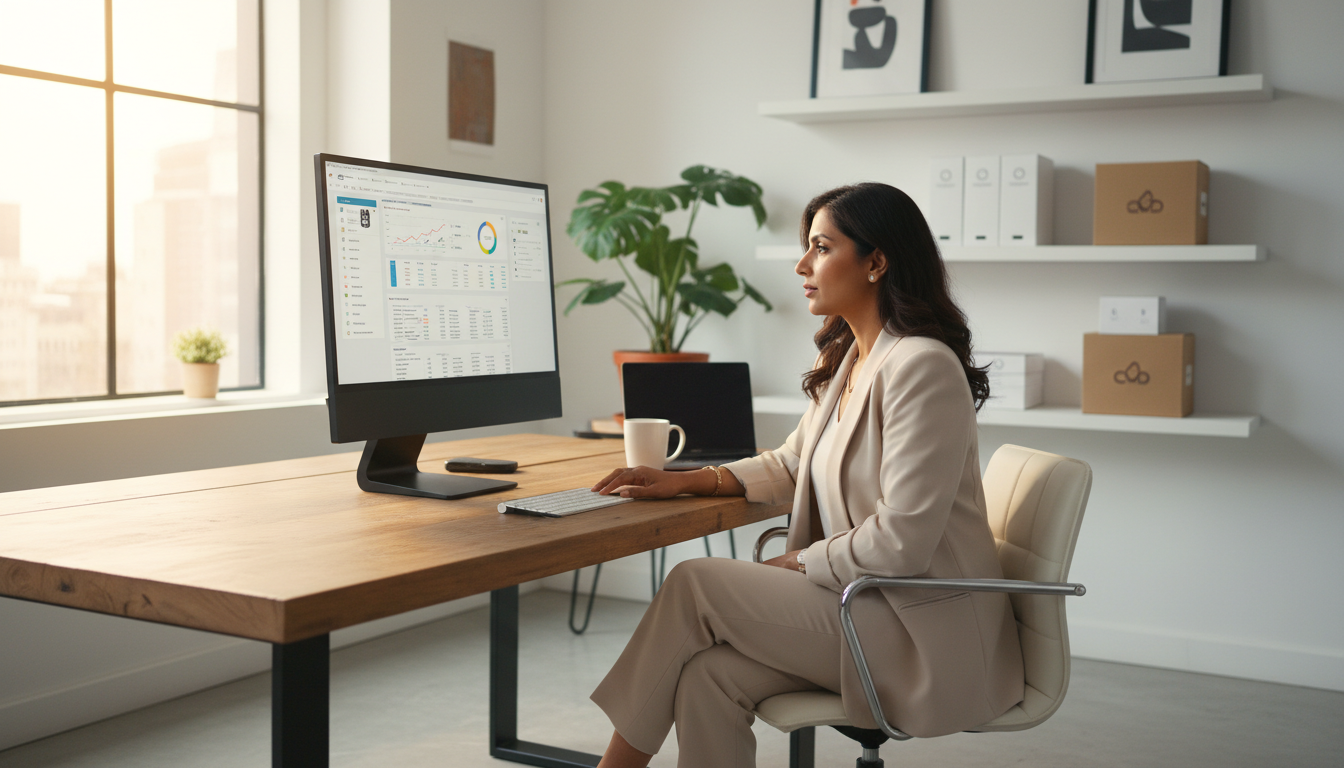 Indian Amazon seller reviewing seller central account analytics and performance marketing data on desktop