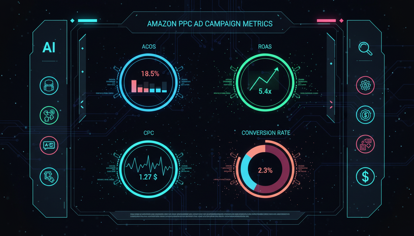 AI-powered Amazon PPC advertising dashboard showing ACoS, ROAS, and pay per click campaign performance metrics