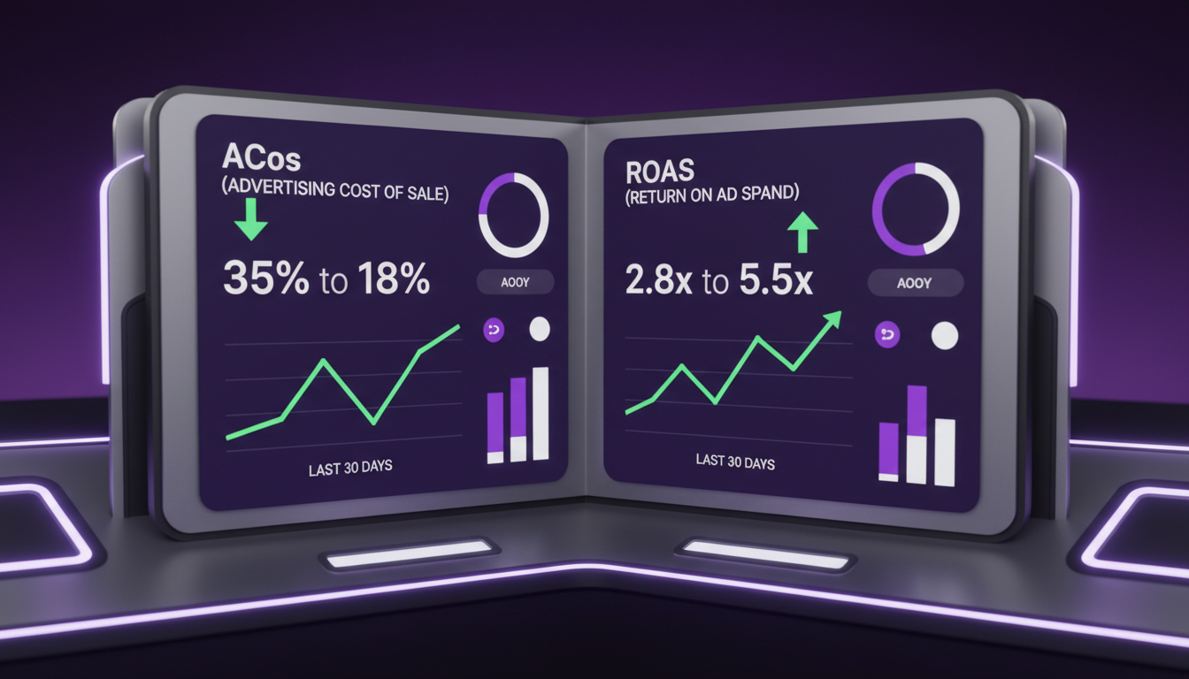 Amazon advertising dashboard showing improved ACoS and ROAS metrics from AI-powered PPC campaign optimization on Amazon India