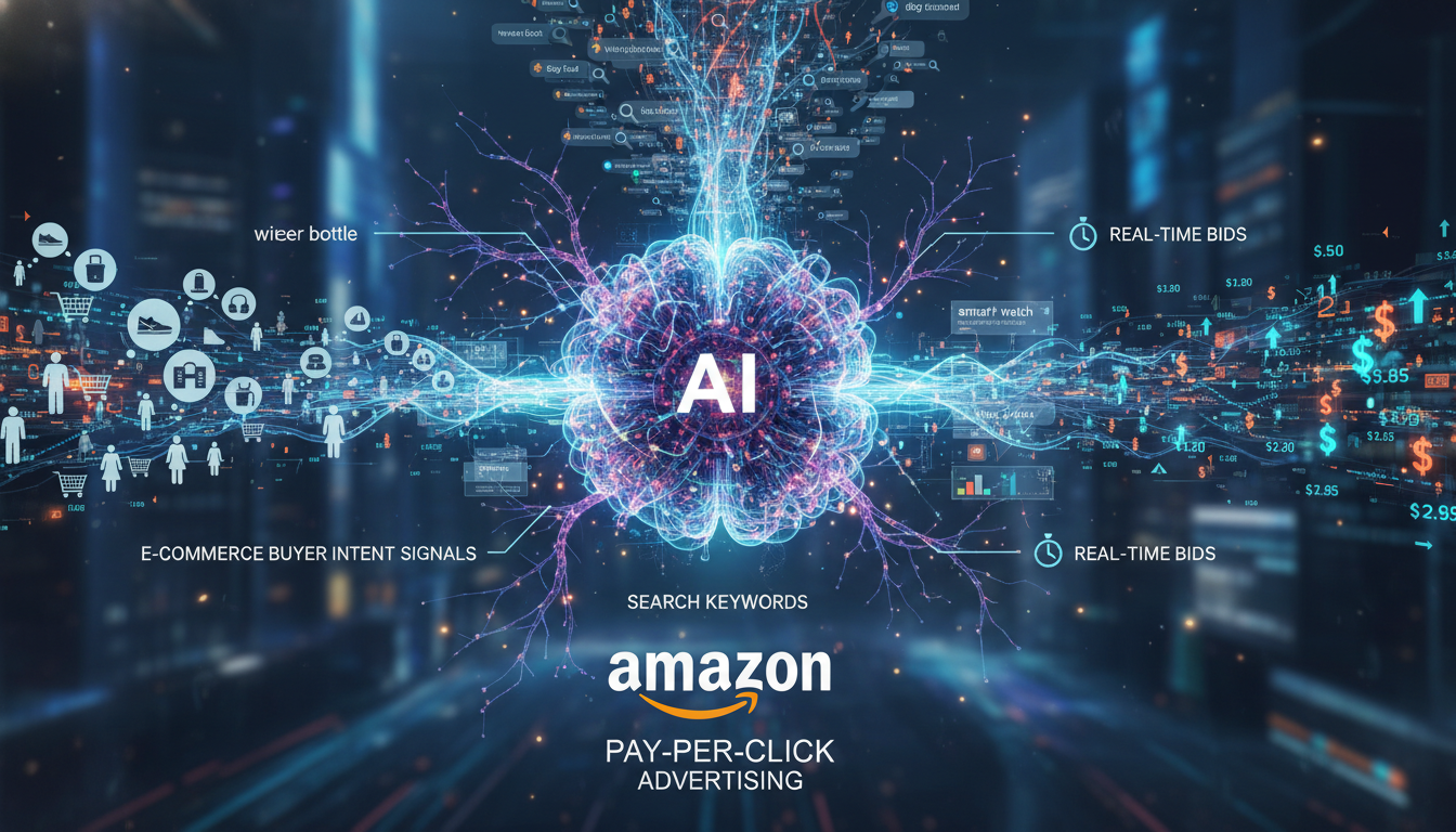Conceptual illustration of AI algorithms processing Amazon buyer intent and search keyword data