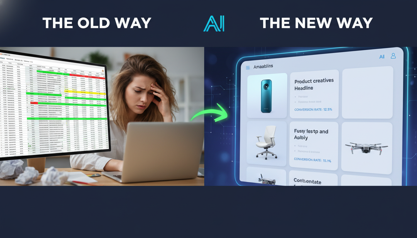 Comparison of tedious manual keyword management versus automated AI ad creation