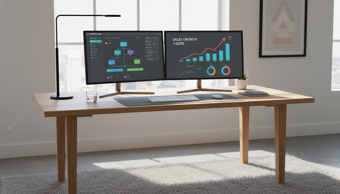 Minimalist workspace featuring advanced campaign management tools and sales charts showing explosive growth