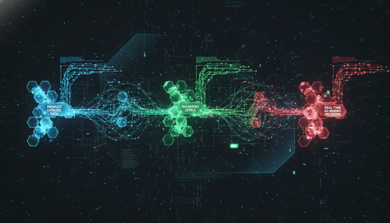 Conceptual visualization of an AI advertising platform processing multi-variable data nodes for real-time bid adjustments
