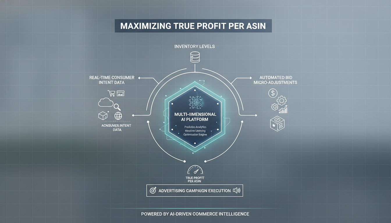 A technical infographic illustrating an AI-driven PPC automation and inventory-aware bidding loop