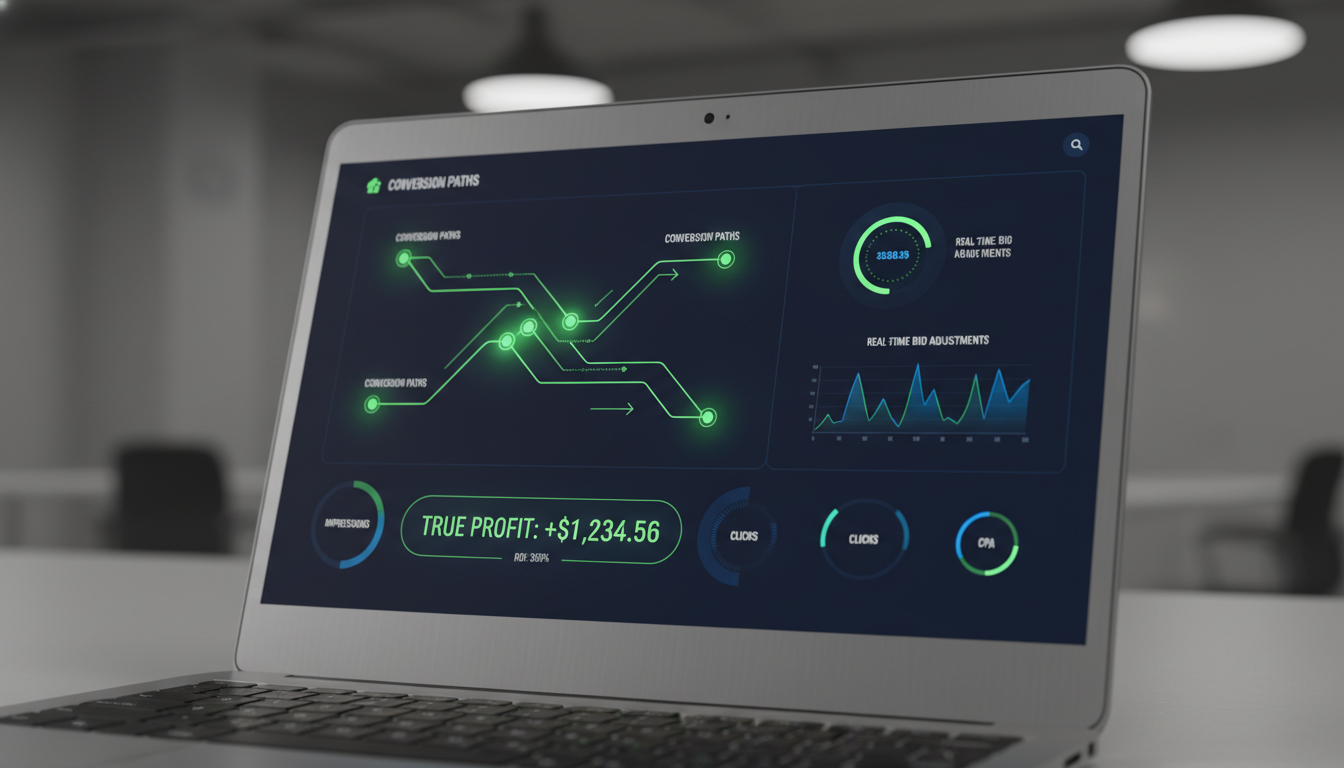 AI ads analytics showing real-time bid adjustments and True Profit metrics per ASIN