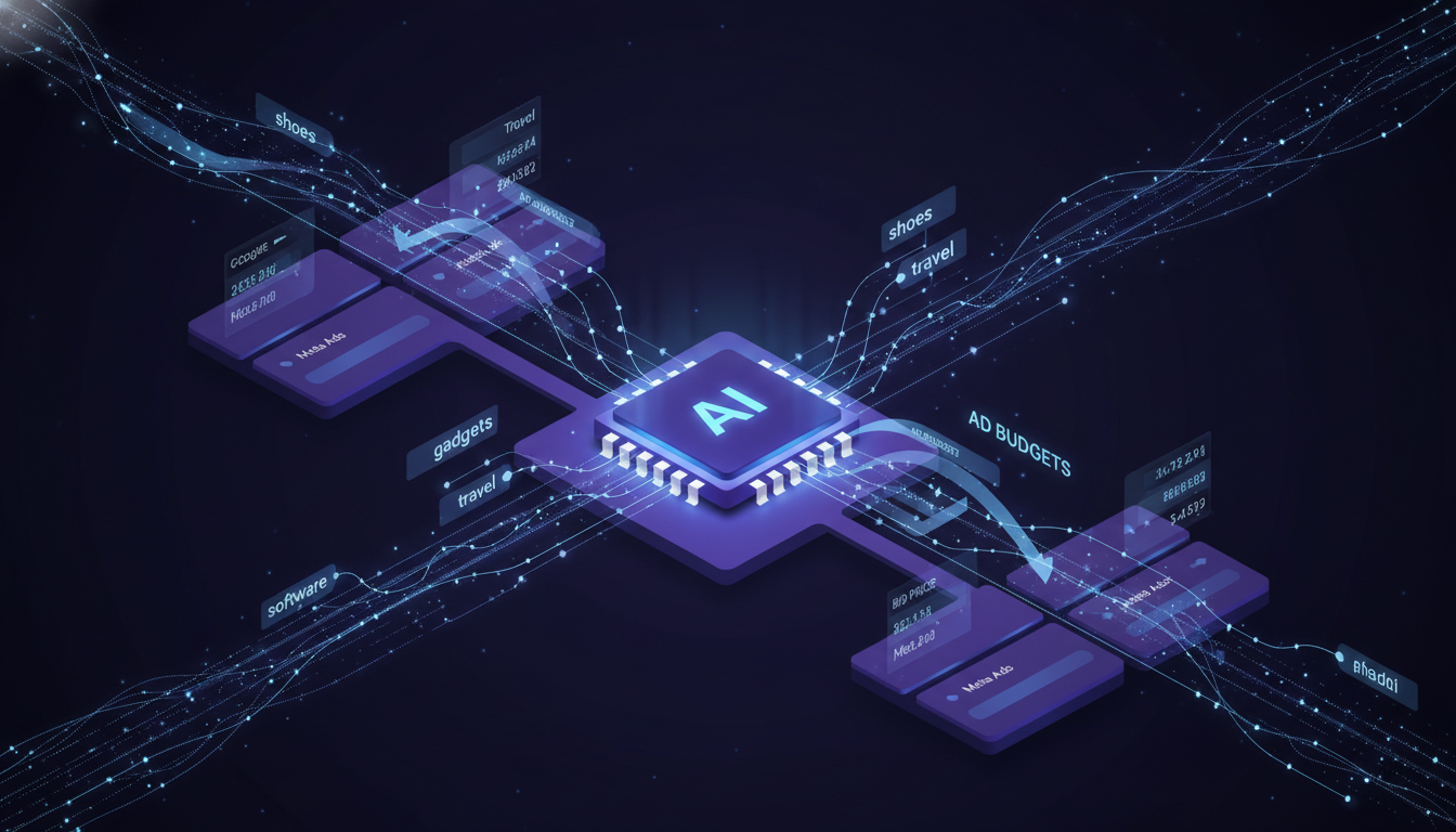An isometric conceptual diagram of an AI advertising platform automatically managing campaign budgets and bid optimization in real time.
