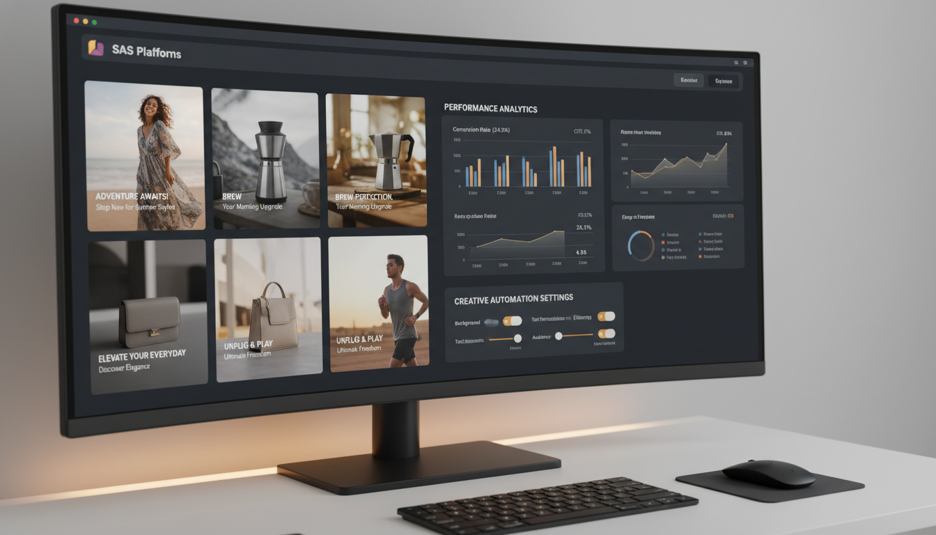 A high-fidelity interface showing AdCreative+ AI-generated sponsored brand ads and creative assets optimized for maximum click-through rate.