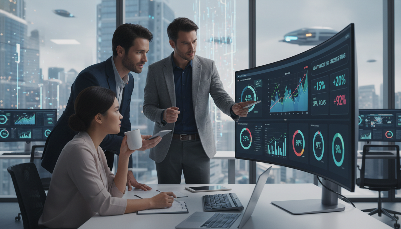 E-commerce marketing team leveraging AI campaign management tools for predictive bid optimization.