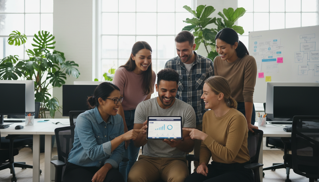 Digital marketing agency team collaborating with AI marketing software